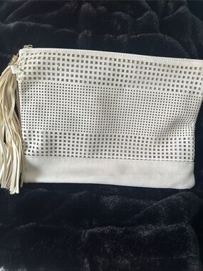 Kelly & Katie White Perforated Fringe Wristlet Clutch